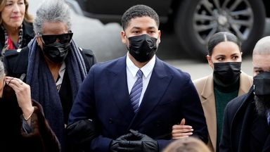 Actor Jussie Smollett arrives at his trial at a Chicago court with family members